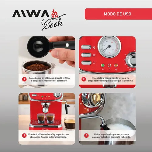 Cafetera Espresso Estilo Vintage Aiwa 1,25 L Con Vaporizador Color Rojo