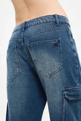 Jean Cargo Acid Con Bolsillos Ancho Chermix Mujer Algodon