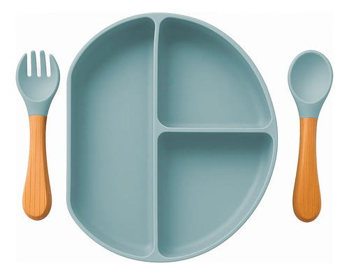 Set Cubiertos Alimentacion Bebe Silicona Plato Ventosas Color Celeste