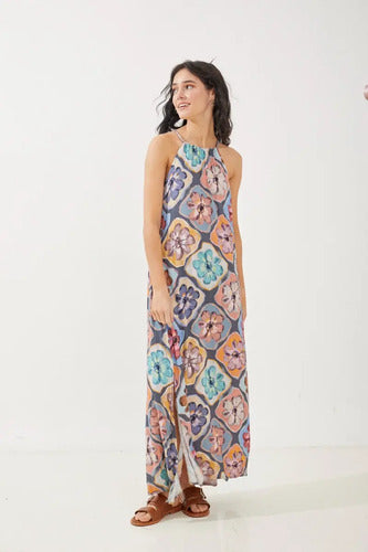 Vestido Largo Escote Halter Rimmel Azul Petróleo Floreado L
