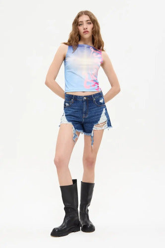 Short Jean Fringe Cher Mix De Mujer Algodón Azul 28
