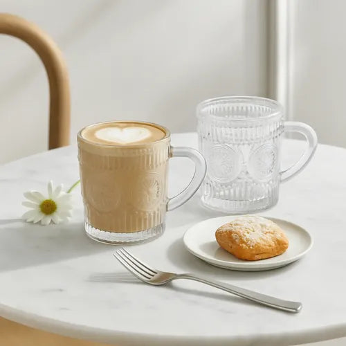 Set X2 Tazas Vidrio Labrado Arabesco 250 Ml Vajilla Vintage