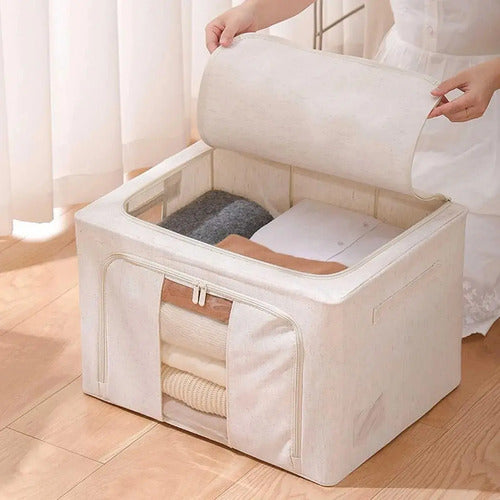 Caja Canasto Organizador Xl Con Cierre Organización Frazada Acolchado Beige Craco
