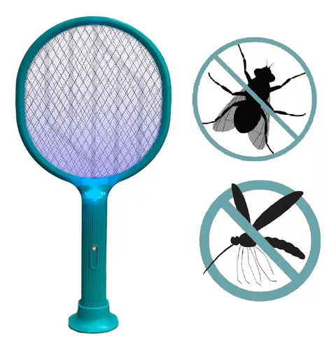 Raqueta Mata Mosquitos Moscas / Recargable + Cable Usb - 2 En 1 Con Funcion Trampa Turquesa