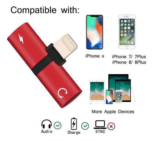 Adaptador 2 En 1 Splitter Carga Audio Para iPhone Rojo