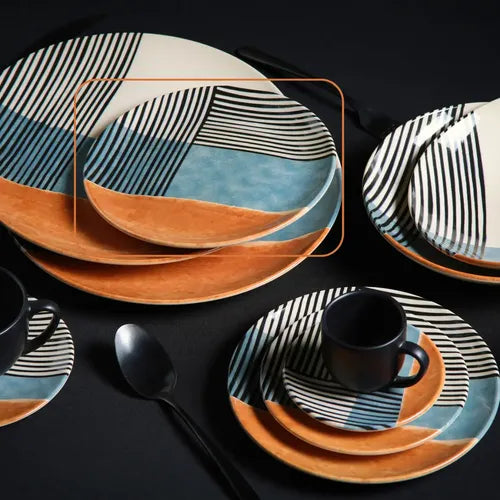 Platos Postre X6 Cerámica Beige, Naranj, Azul Negro 20,5cm