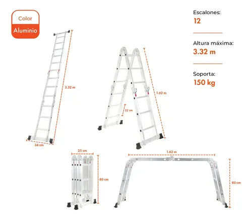 Escalera Articulada Aluminio 12 Escalones 3,32 Gardenlife