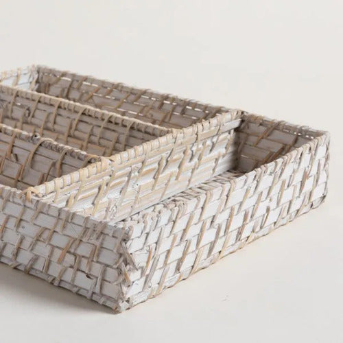 Cubiertero Bamboo Y Rattan Organizador Cubiertos 35 X 25 Cm Blanco