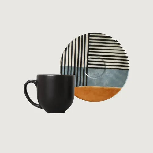 Set X6 Taza Café Plato Cerámica Estampa Abstracta 112ml Mate