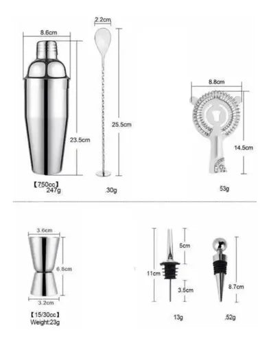 Kit Bartender Set Barman Tragos Coctelera Bebidas Acero Inoxidable Con Soporte Oruga Sorbetes Cuchara Jigger Medidor Pison Machacador Pico Vertedor Abridor Levys Bazar