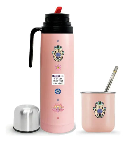 Combo Set Termo Mate Acero + Bombilla Diseño Rosa