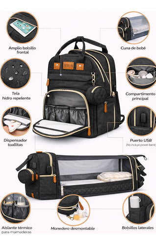 Mochila Bolso Maternal 3 en 1 con Cuna y Cambiador Negro Liso · 17771 · foto 07