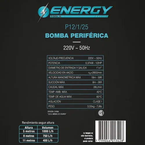 Bomba Periférica Energy 1/2 Hp 370w Hierro Fundido Elevación 18m Turquesa · 15818 · foto 03
