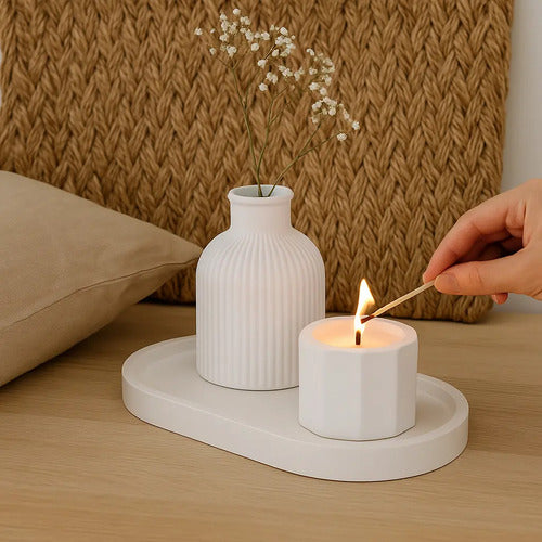Portavelas Octogonal Yeso Velas Deco Home Blanco Cera Soja