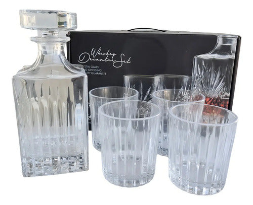 Set Mishka De 4 Vasos Whisky Vidrio 350ml Y Botella 750ml Diseño Líneas Cristal