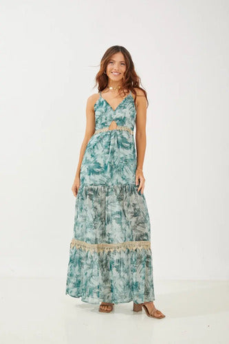 Vestido Largo Rimmel Mateo Gasa Escote V Fiesta Verde