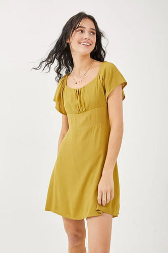 Vestido Casual De Manga Corta Mujer Rimmel Mostaza Liso S