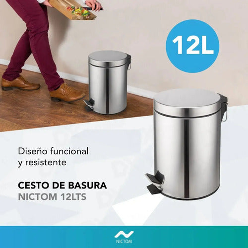 Tacho De Basura Nictom 12 Lts Cesto Acero Inoxidable Pedal C