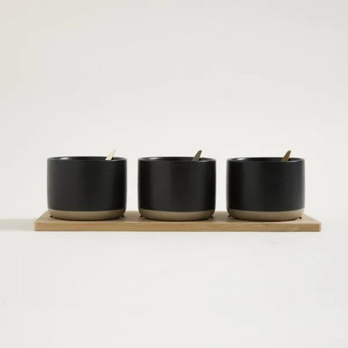 Set X3 Copetineros Oslo Porcelana Negra Base Bamboo Negro