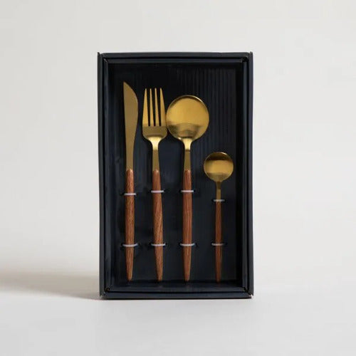 Set Cubiertos 16 Piezas Dorado Mango Símil Madera Lujo
