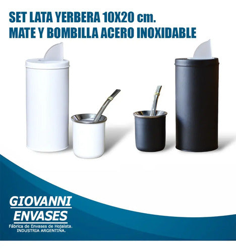 Set Lata Yerbera 10x20 Cm - Mate Y Bombilla Acero Inox.