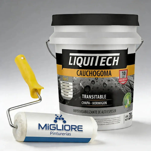 Impermeabilizante Liquitech Cauchogoma Blanco Nevado De 20 Kg Con Rodillo Para Techos Y Terrazas Mate