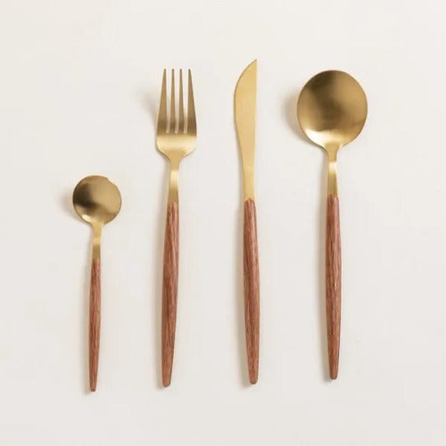 Set Cubiertos 16 Piezas Dorado Mango Símil Madera Lujo