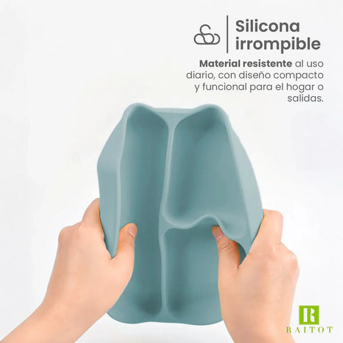 Set Cubiertos Alimentacion Bebe Silicona Plato Ventosas Color Celeste