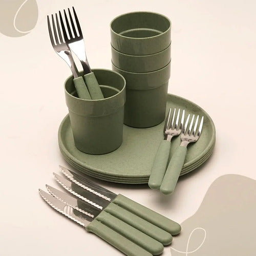 Set Camping 16 Piezas Plato Vaso Cubiertos Carol Bazar Areia Color Verde Musgo