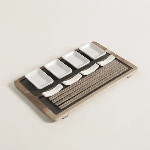 Set De Sushi Para 4 Madera Acacia Laja Blanco 31,5x20 Cm