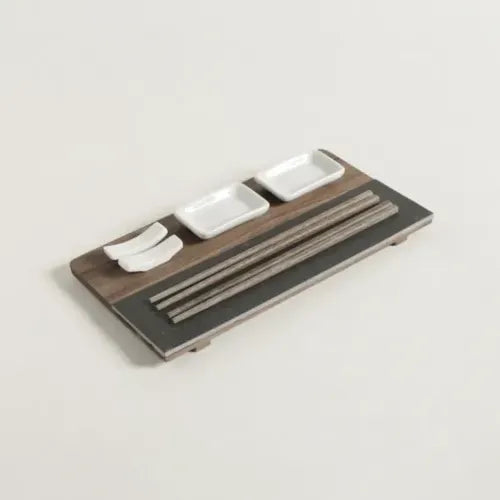 Set De Sushi Para 2 Palillos Dips Madera Laja Blanco Madera