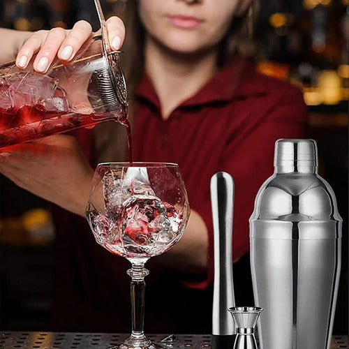 Kit Bartender Set Barman Tragos Coctelera Bebidas Acero Inoxidable Con Soporte Oruga Sorbetes Cuchara Jigger Medidor Pison Machacador Pico Vertedor Abridor Levys Bazar