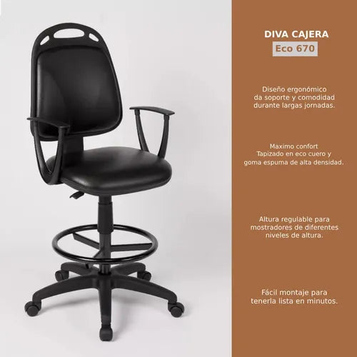 Silla Cajera Alta Con Apoyabrazos Y Ruedas Negro