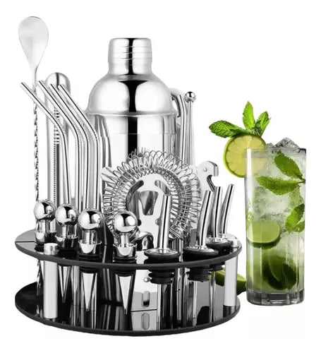 Kit Bartender Set Barman Tragos Coctelera Bebidas Acero Inoxidable Con Soporte Oruga Sorbetes Cuchara Jigger Medidor Pison Machacador Pico Vertedor Abridor Levys Bazar