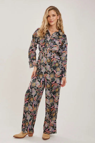 Enterito Mono Largo Mujer Seda Estampada Maika Rimmel Negro
