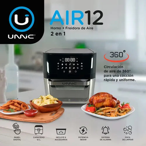 Freidora De Aire Sin Aceite Horno 12 L Digital Spiedo Unnic Color Negro