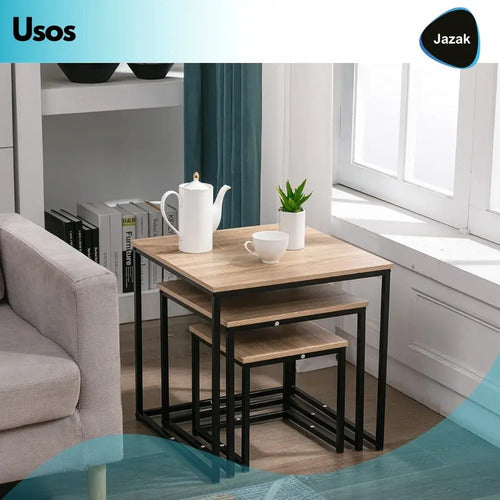 Juego Set X 3 Mesas Ratona Jazak / Nido / Optimiza Espacios / Auxiliar / Arrime / Muebles De Living / Diseño Industrial / Madera Mdf + Hierro / Moderno / Hogar Decoración Minimalista / Fácil De Armar