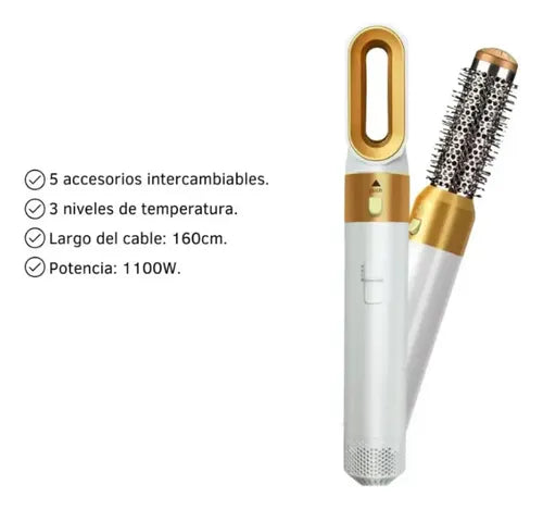Set Modelador Cepillo Secador 5 En 1 Electrico Dorado