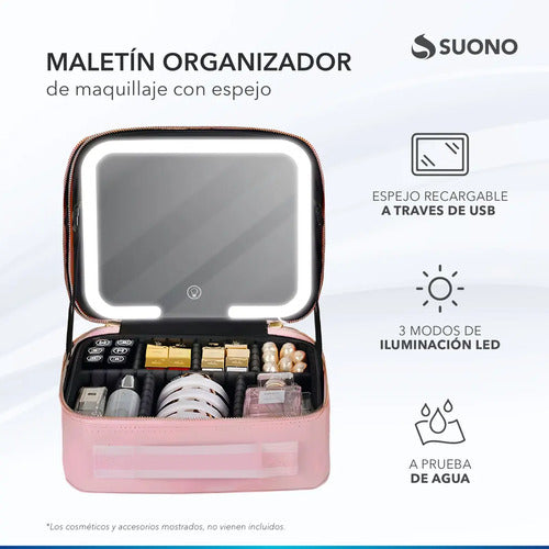 Maletín Organizador Suono Espejo Led Recargable Ro Rosa