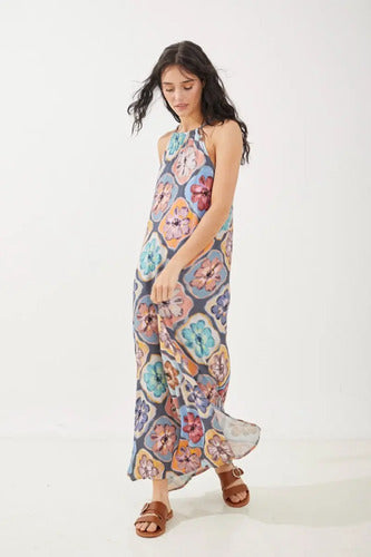 Vestido Largo Escote Halter Rimmel Azul Petróleo Floreado L