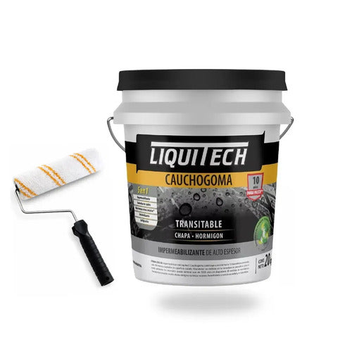 Impermeabilizante Liquitech Cauchogoma Blanco Nevado De 20 Kg Con Rodillo Para Techos Y Terrazas Mate