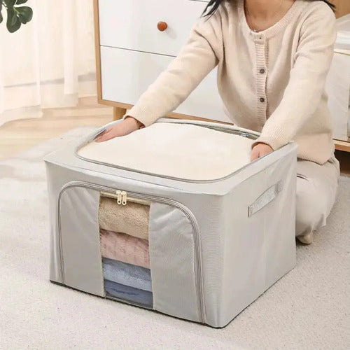 Caja Canasto Organizador Xl Con Cierre Organización Frazada Acolchado Beige Craco