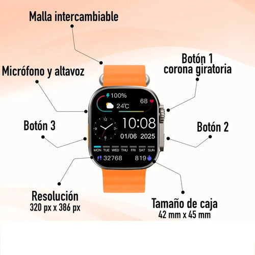 Smartwatch Technology Ultra Hombre Mujer Malla Extra Beige Deportiva Naranja Y Gris