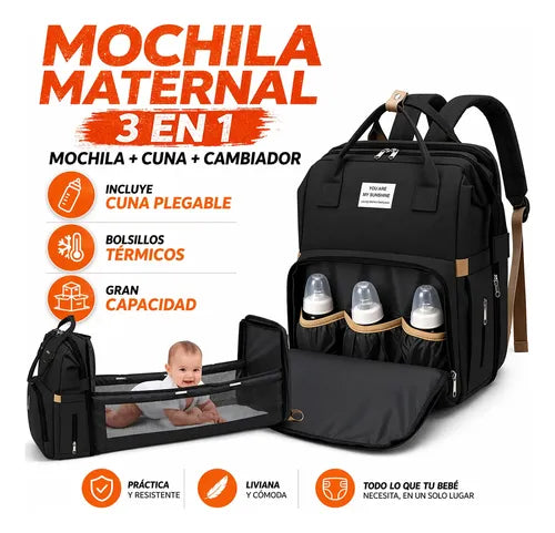 Mochila Bolso Maternal con Cambiador y Cuna 3 en 1 Liso Negro · 17335 · foto 02