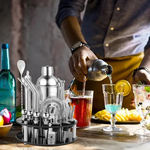 Kit Bartender Set Barman Tragos Coctelera Bebidas Acero Inoxidable Con Soporte Oruga Sorbetes Cuchara Jigger Medidor Pison Machacador Pico Vertedor Abridor Levys Bazar