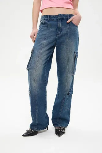 Jean Cargo Acid Con Bolsillos Ancho Chermix Mujer Algodon