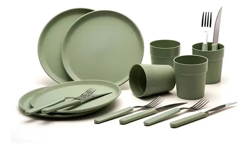 Set Camping 16 Piezas Plato Vaso Cubiertos Carol Bazar Areia Color Verde Musgo