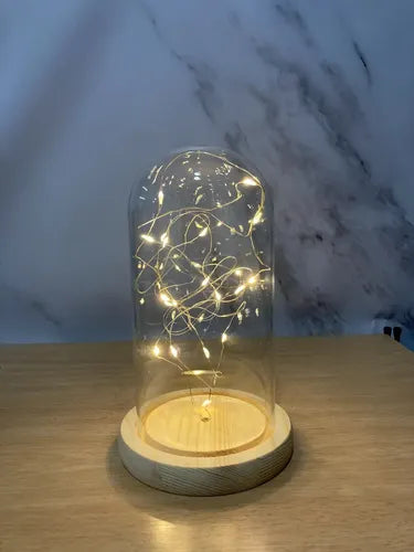 Lámpara De Mesa Hants Led Cúpula Vidrio Base Madera Luz Cálida A Pilas Marrón Transparente