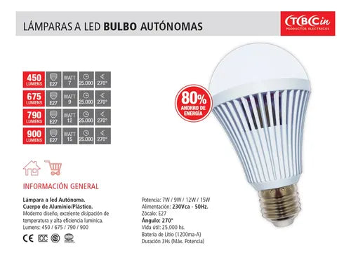 Lampara Led Autonoma 15w E27 Fria Luz De Emergencia Color Blanco Frio · 15850 · foto 04