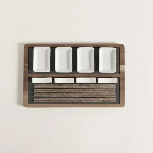 Set De Sushi Para 4 Madera Acacia Laja Blanco 31,5x20 Cm